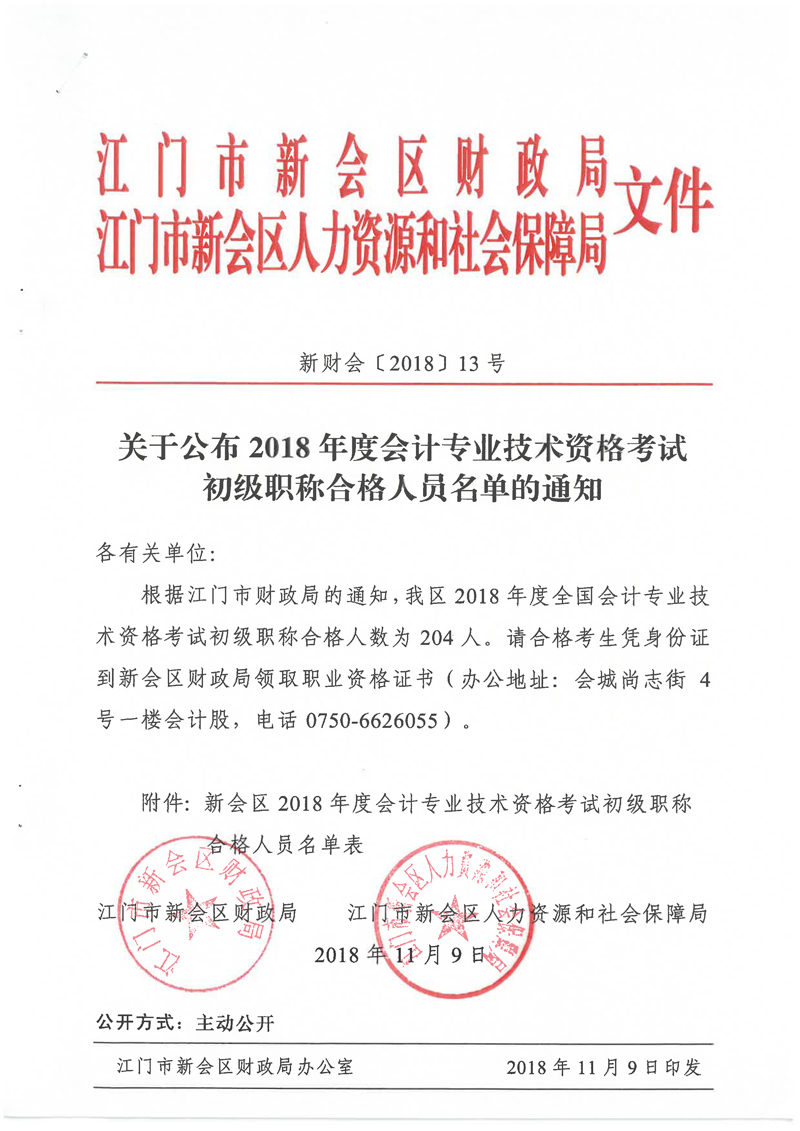 新财会[2018]13号 关于公布2018年度会计专业技术资格考试初级职称合格人员名单的通知-1.jpg